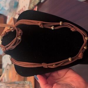 Brown Suede Necklace And Bracelet Set with Gold Accents